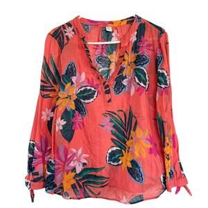 Linen Blend Old Navy M blouse tropical Floral hot coral vacation summer cool top